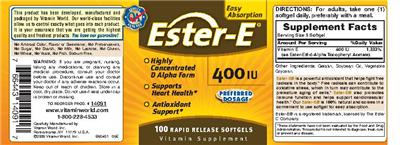 Photo of the Vitamin World Ester-E 400 IU label