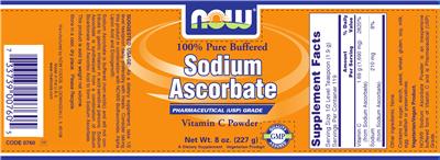Photo of the NOW 100% Pure Buffered Sodium Ascorbate label