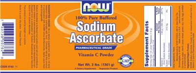 Photo of the NOW 100% Pure Buffered Sodium Ascorbate label