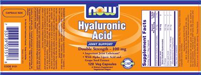 Photo of the NOW Hyaluronic Acid Double Strength - 100 mg label