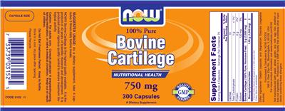 Photo of the NOW Bovine Cartilage 750 mg label