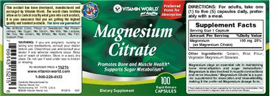 Photo of the Vitamin World Magnesium Citrate label