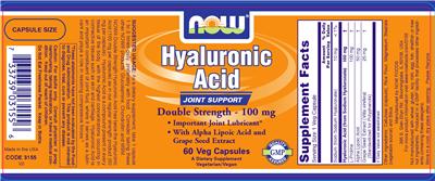 Photo of the NOW Hyaluronic Acid Double Strength - 100 mg label