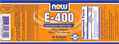 Photo of the NOW E-400 100% Natural Mixed Tocopherols label