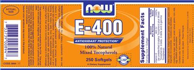 Photo of the NOW E-400 100% Natural Mixed Tocopherols label
