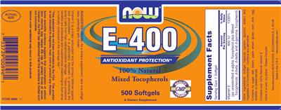 Photo of the NOW E-400 100% Natural Mixed Tocopherols label