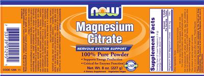 Photo of the NOW Magnesium Citrate label