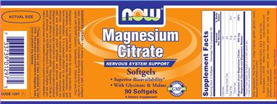 Photo of the NOW Magnesium Citrate Softgels label