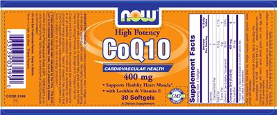 Photo of the NOW High Potency CoQ10 400 mg label