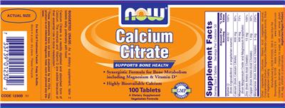 Photo of the NOW Calcium Citrate label