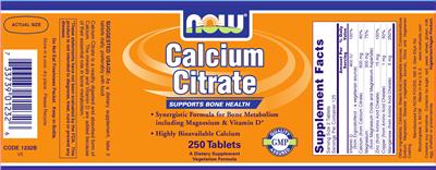 Photo of the NOW Calcium Citrate label