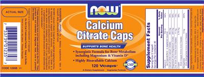 Photo of the NOW Calcium Citrate Caps label