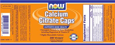Photo of the NOW Calcium Citrate Caps label