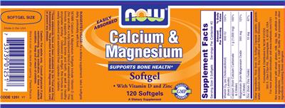 Photo of the NOW Calcium & Magnesium Softgel label