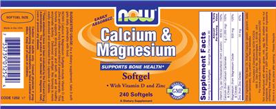 Photo of the NOW Calcium & Magnesium Softgel label