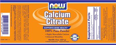 Photo of the NOW Calcium Citrate 100% Pure Powder label