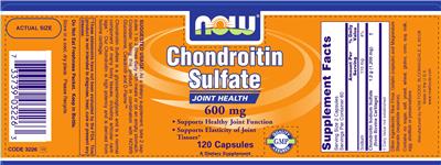 Photo of the NOW Chondroitin Sulfate 600 mg label