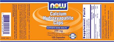 Photo of the NOW Calcium Hydroxyapatite Caps 250 mg label