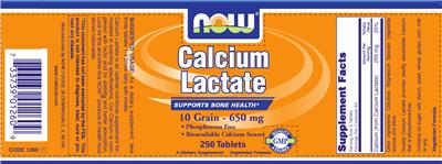 Photo of the NOW Calcium Lactate 10 Grain - 650 mg label