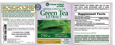 Photo of the Vitamin World Super Strength Green Tea Extract 750 mg label