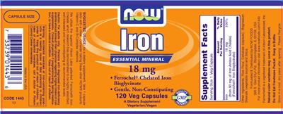 Photo of the NOW Iron 18 mg label