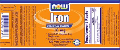 Photo of the NOW Iron 18 mg label