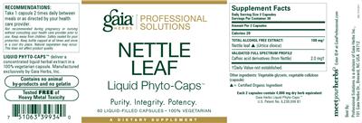 Photo of the Gaia Herbs Professional Solutions Nettle Leaf Liquid Phyto-Caps label