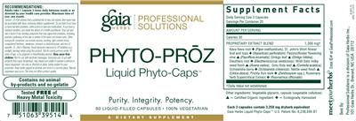 Photo of the Gaia Herbs Professional Solutions Phyto-Proz Liquid Phyto-Caps label
