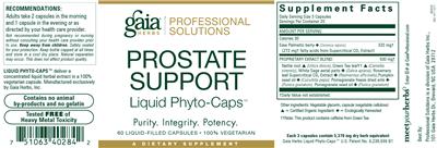 Photo of the Gaia Herbs Professional Solutions Prostate Support Liquid Phyto-Caps label