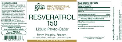 Photo of the Gaia Herbs Professional Solutions Resveratrol 150 Liquid Phyto-Caps label