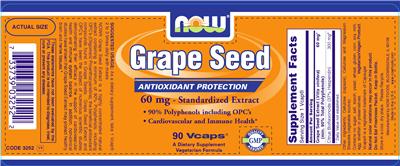 Photo of the NOW Grape Seed 60 mg - Standardized Extract label