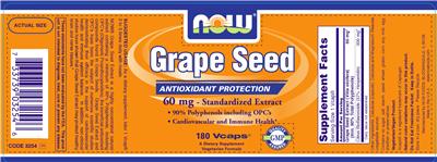 Photo of the NOW Grape Seed 60 mg - Standardized Extract label
