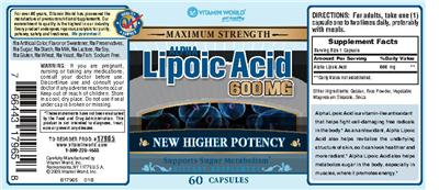 Photo of the Vitamin World Maximum Strength Alpha Lipoic Acid 600 mg label