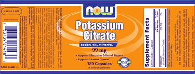 Photo of the NOW Potassium Citrate 99 mg label