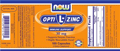 Photo of the NOW L-OptiZinc 30 mg label