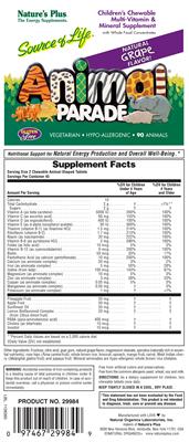Photo of the Nature's Plus Source of Life Animal Parade Children's Chewable Multi-Vitamin & Mineral Supplement Natural Grape Flavor label