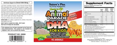Photo of the Nature's Plus Source of Life Animal Parade Children's Chewable DHA for Kids Natural Cherry Flavor label