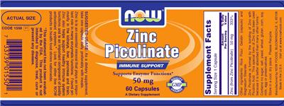 Photo of the NOW Zinc Picolinate 50 mg label