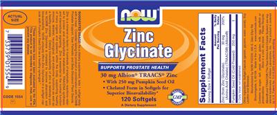 Photo of the NOW Zinc Glycinate label