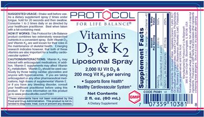Photo of the Protocol For Life Balance Vitamins D3 & K2 Liposomal Spray label