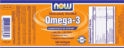Photo of the NOW Molecularly Distilled Omega-3 label