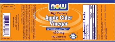 Photo of the NOW Apple Cider Vinegar 450 mg label