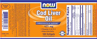 Photo of the NOW Cod Liver Oil 425 mg label