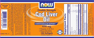 Photo of the NOW Double Strength Cod Liver Oil 650 mg label