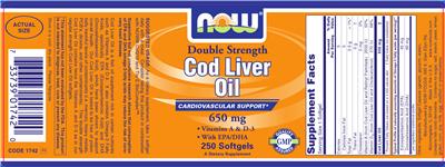 Photo of the NOW Double Strength Cod Liver Oil 650 mg label