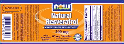 Photo of the NOW Natural Resveratrol 200 mg label