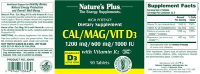 Photo of the Nature's Plus Cal/Mag/Vit D3 with Vitamin K2 label