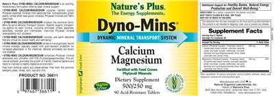 Photo of the Nature's Plus Dyno-Mins Calcium Magnesium label