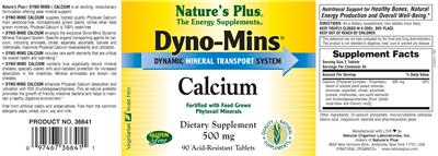 Photo of the Nature's Plus Dyno-Mins Calcium label