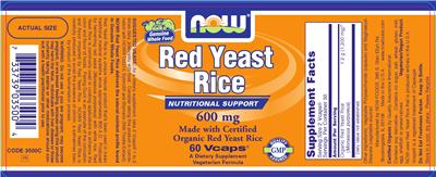 Photo of the NOW Red Yeast Rice 600 mg label